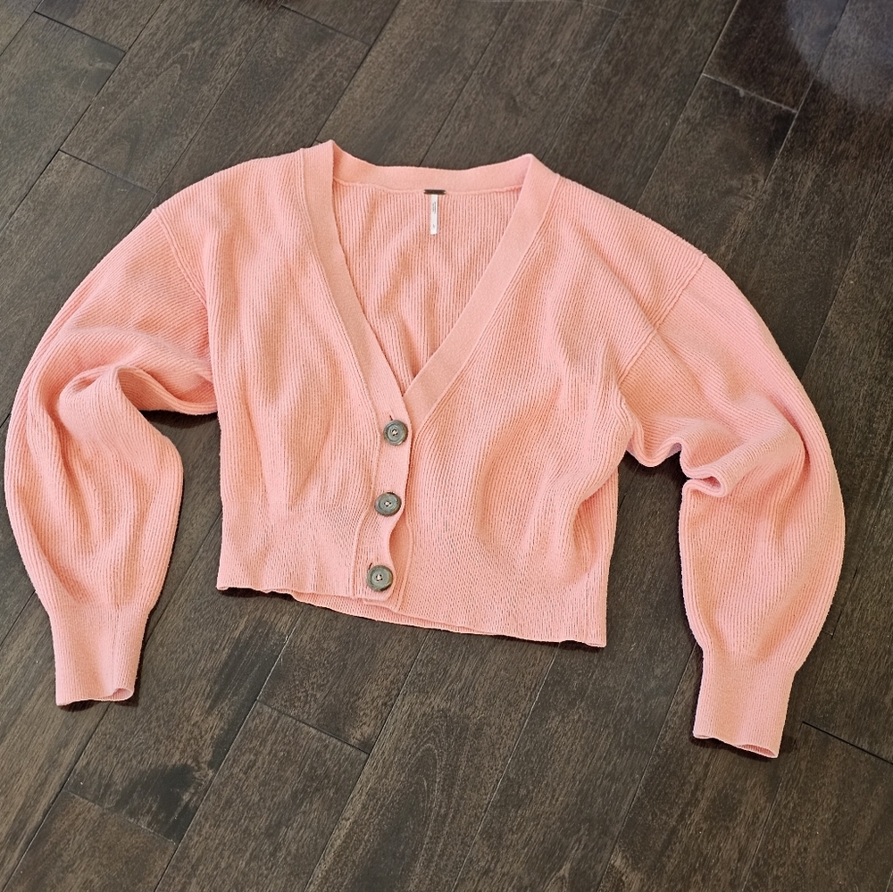 Free People Big Plans Ribbed Cardigan Sweater - Size Large - Peach/Coral - Picture 7 of 15